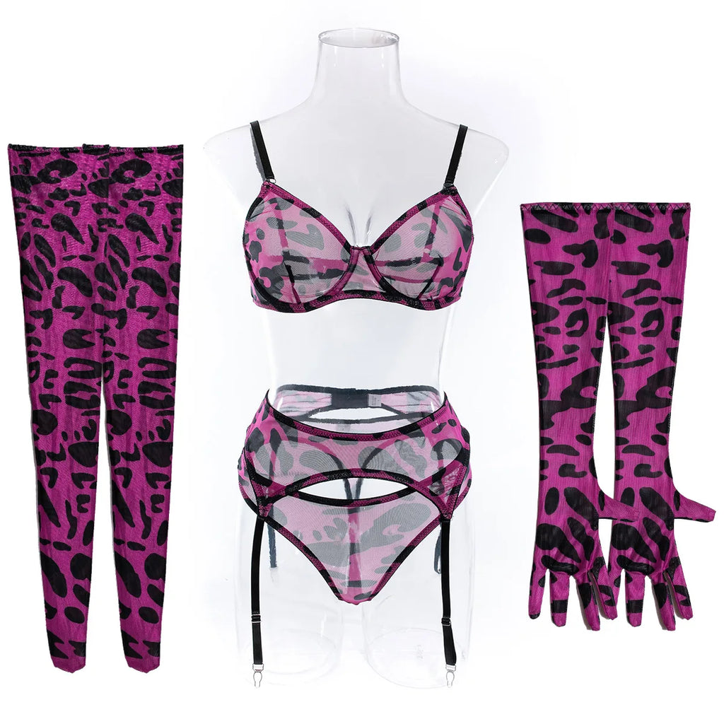 Sexy rosa Leoparden-BH-Handschuhe Beinsocken Dessous-Set Damen Perspektive Bequemes Mesh Exotische Kleidung Unterwäsche Anzug