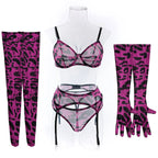 Sexy rosa Leoparden-BH-Handschuhe Beinsocken Dessous-Set Damen Perspektive Bequemes Mesh Exotische Kleidung Unterwäsche Anzug