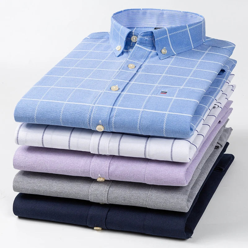 100 % Baumwolle Oxford Herrenhemden Langarm Kariert Weich Regular Fit Festliches Hemd Tasche Sozial Bluse Herrenkleidung S-7XL Zweitbild