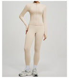 SVEIC Damen Zweiteiliger Trainingsanzug Yoga Set Langarmjacke High Waisted Leggings Atmungsaktive Sportkleidung Für Frauen