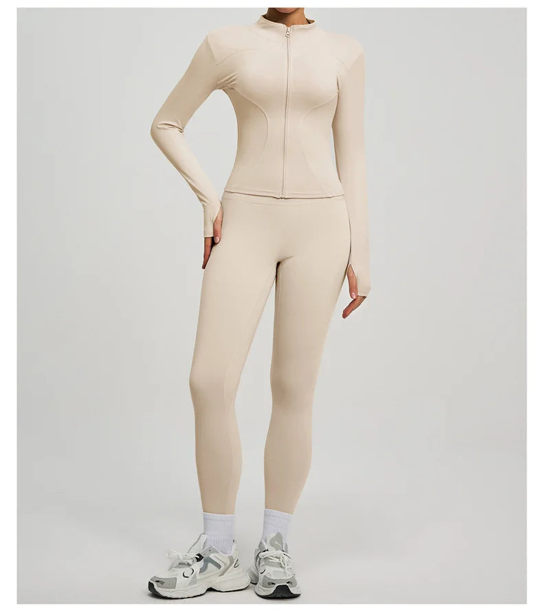 SVEIC Damen Zweiteiliger Trainingsanzug Yoga Set Langarmjacke High Waisted Leggings Atmungsaktive Sportkleidung Für Frauen