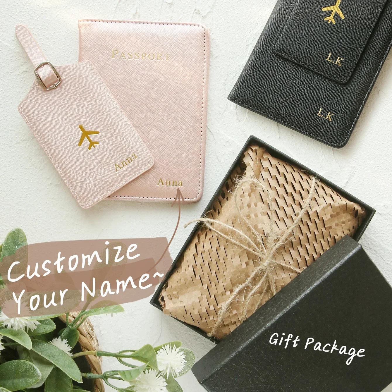2Pcs Customizable Leather Passport Cover Luggage Tag Set with Gift Box Personalized Travel Accessories Passport Holder Gift Hauptbild