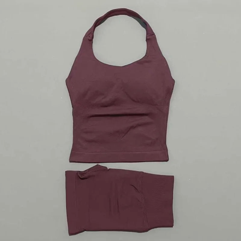 2-teiliges Sportset Damen Rückenloses Tanktop Hohe Taille Scrunch Nahtlose Shorts Fitnesskleidung Activewear Trainingssets Gym Anzug