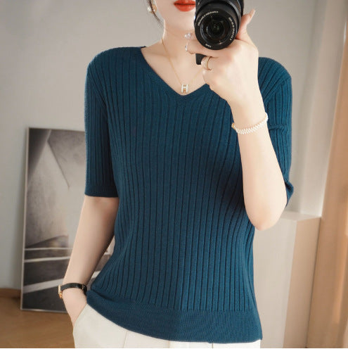 Damen Pullover Frühling Sommer Kurzarm V-Ausschnitt Strickshirt Lässige koreanische Pullover Gestreiftes Unterziehshirt Slim Fit Pullover