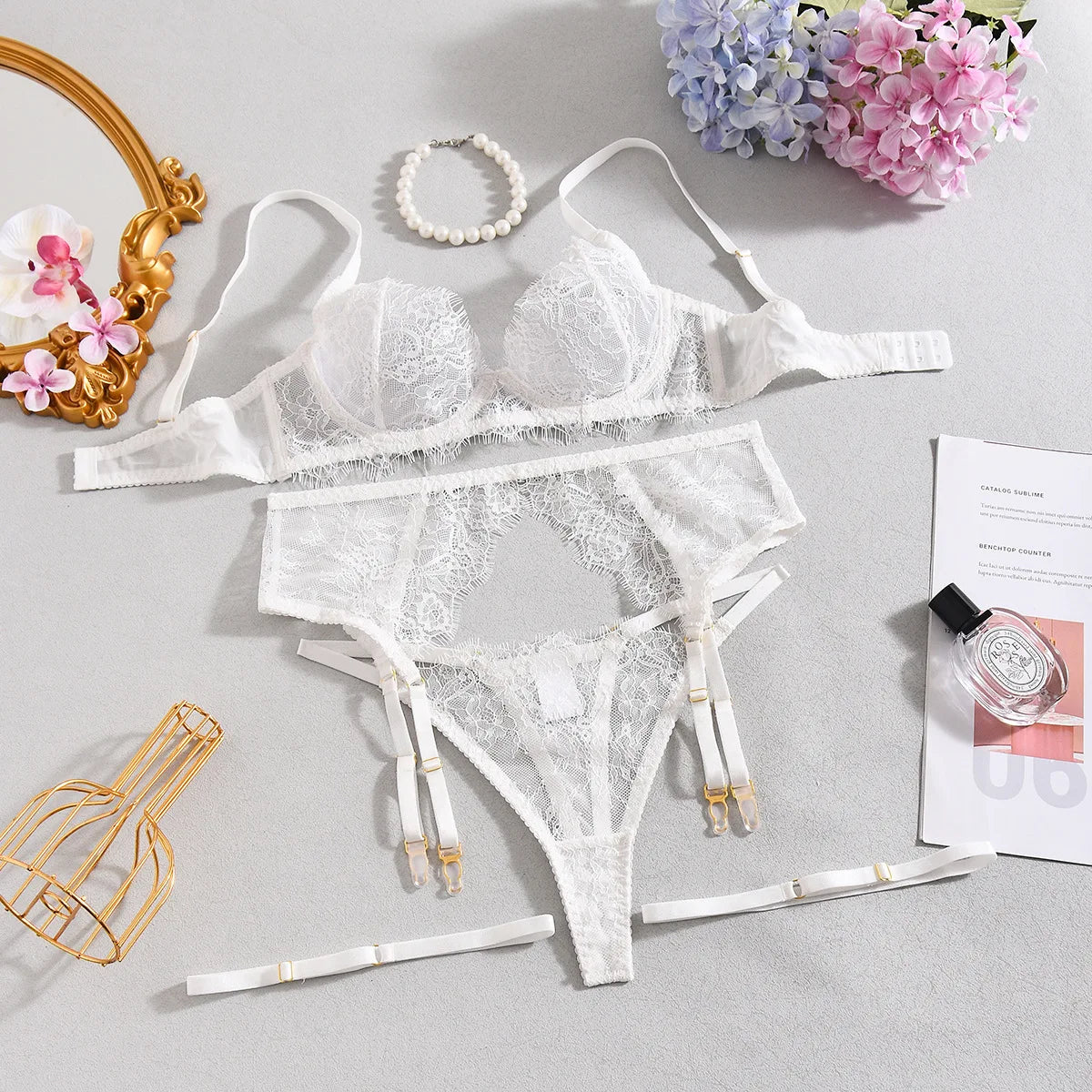 Elegant Lingeries Sexy Hot Exclusive Coffee Bra Belt Thong 3PC with Leg Circles Cute Intimate Lace Tempted Tipsy Set
