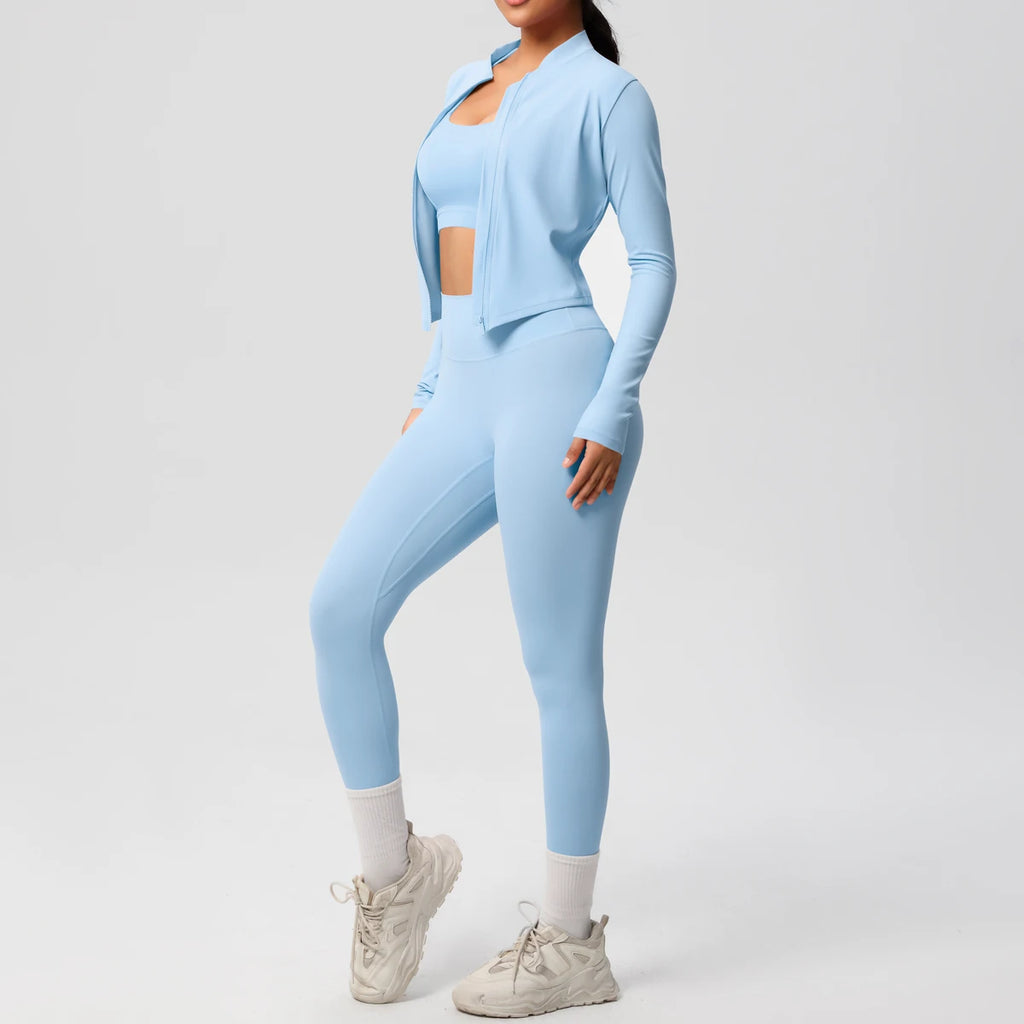 3-teiliges Sportbekleidung Yoga-Set Gym Sport-BH Reißverschlussjacke Leggings Kleidung Sportbekleidung Yoga-Anzüge für Damen Fitness-Set Trainingsanzug