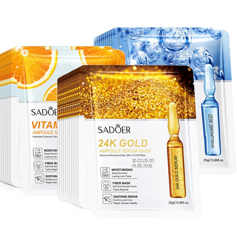 10 St. SADOER 24K Gold Vitamin C Hyaluronsäure Gesichtsmaske Feuchtigkeitsspendend Straffend Hydrierend Gesichtsmasken Hautpflegeprodukte