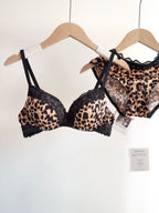 Sexy Leopard-Print-Dessous-Set für Damen, kabellos, unsichtbarer Push-Up für kleine Brüste, verstellbares A-bis-C-Körbchen, transparenter, reiner Spitzen-Look, S-XL