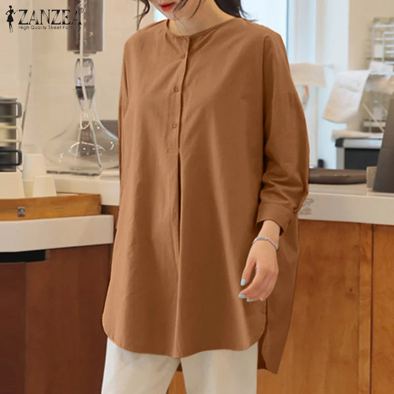 ZANZEA Mode Herbst Langarm Bluse Damen Weites Hemd Elegant Einfarbig OL Arbeitsplatten Lässig Locker Urlaub Arbeit Blusen Damen