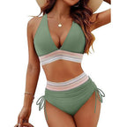 Sexy tiefer V-Ausschnitt Bikini Set Damen 2026 Sommer Strand mit Brustpolster Bademode High Waist Kordelzug Triangel Bikini