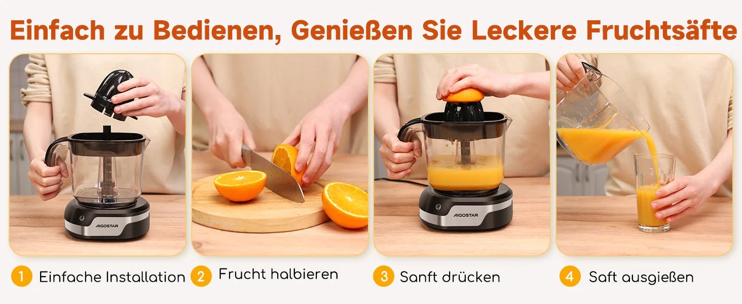 Aigostar Elektrische Zitruspresse, 1,2L große Saftpresse mit LED-Arbeitslicht und 2 abnehmbaren Kegeln, Zitronenpresse für Orangen
