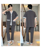 Men's Japanese Kimono Casual Fashion Solid Color Cardigan Loose Summer Short-Sleeved Pajamas with long pants Home Comfort Wear
