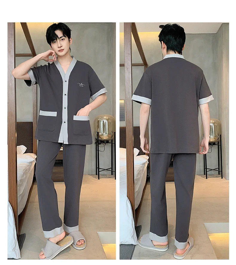 Men's Japanese Kimono Casual Fashion Solid Color Cardigan Loose Summer Short-Sleeved Pajamas with long pants Home Comfort Wear