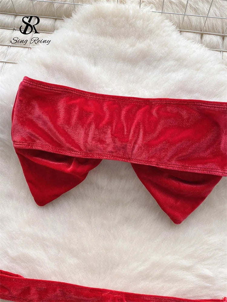 SINGREINY Weihnachten Erotische Dessous Anzüge Damen Trägerlos Eng Anliegend Kurze Nachtwäsche Mode Samt Schleife Sinnliche Unterwäsche Sets