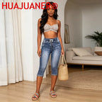 Jeans Damen Wadenlange Hose Denim Passform Hohe Taille Kordelzug Taschen Vintage Bleistifthose 2026 Streetwear Denims