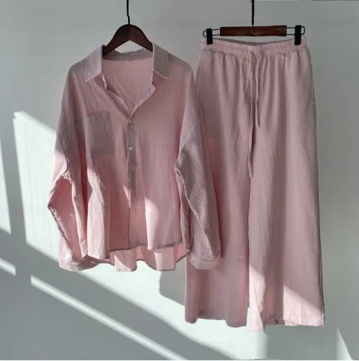 Große Größen Casual Locker Zweiteiler Weites Bein Hose Langarmshirt Hellbeige Street Style Elegant Qualität Polyester Somm...