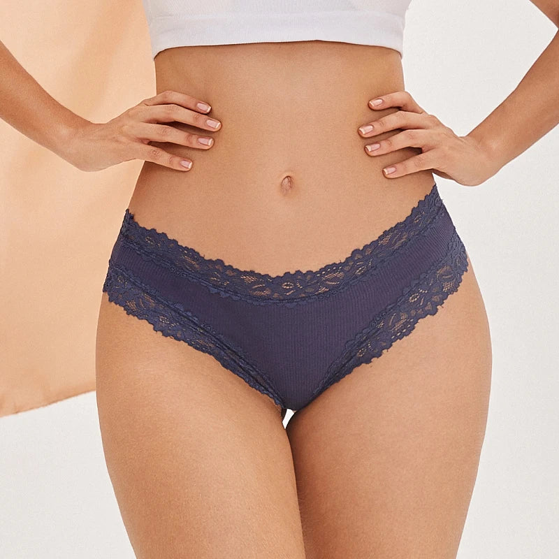 FINETOO 3er-Pack Damen Baumwollunterwäsche Slips Sexy Spitze Brasilianischer Slip Niedrige Taille Blumenmuster Einfarbig G-String Atmungsaktive Dessous