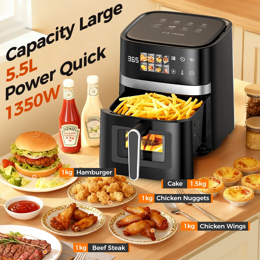 Patbrela 5.5L Heißluftfritteuse 8-in-1, max. 200°C, elektrische Heißluftofen, öllose Fritteuse mit Touch-Steuerung und Antihaftkorb und Sichtfenster