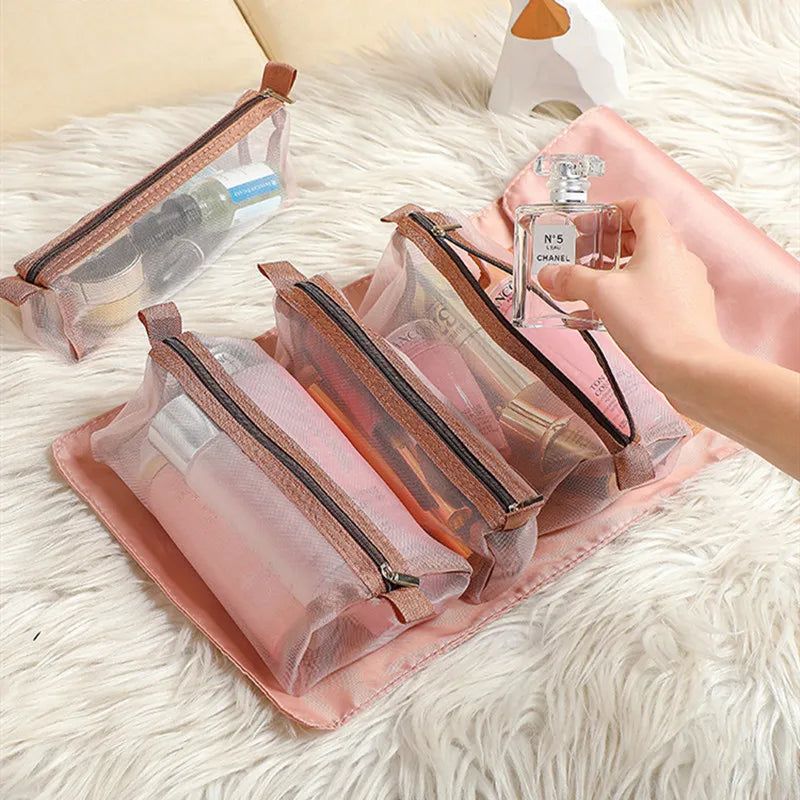 4-in-1 Kosmetiktasche für Damen, Reißverschluss, Netz, trennbare Kosmetiktasche, faltbare Nylon-Tasche, Seil-Make-up-Tasche, Kosmetyczka