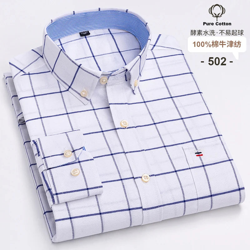 100 % Baumwolle Oxford Herrenhemden Langarm Kariert Weich Regular Fit Festliches Hemd Tasche Sozial Bluse Herrenkleidung S-7XL