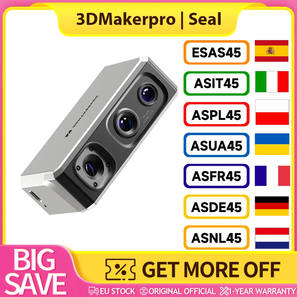 3DMakerpro Seal 3D-Scanner, 0,05 mm Auflösung, 0,01 mm Genauigkeit, 24-Bit Farberfassung, 5x mehr Details pro Einheit, Anti-Shake-Objektiv Hauptbild