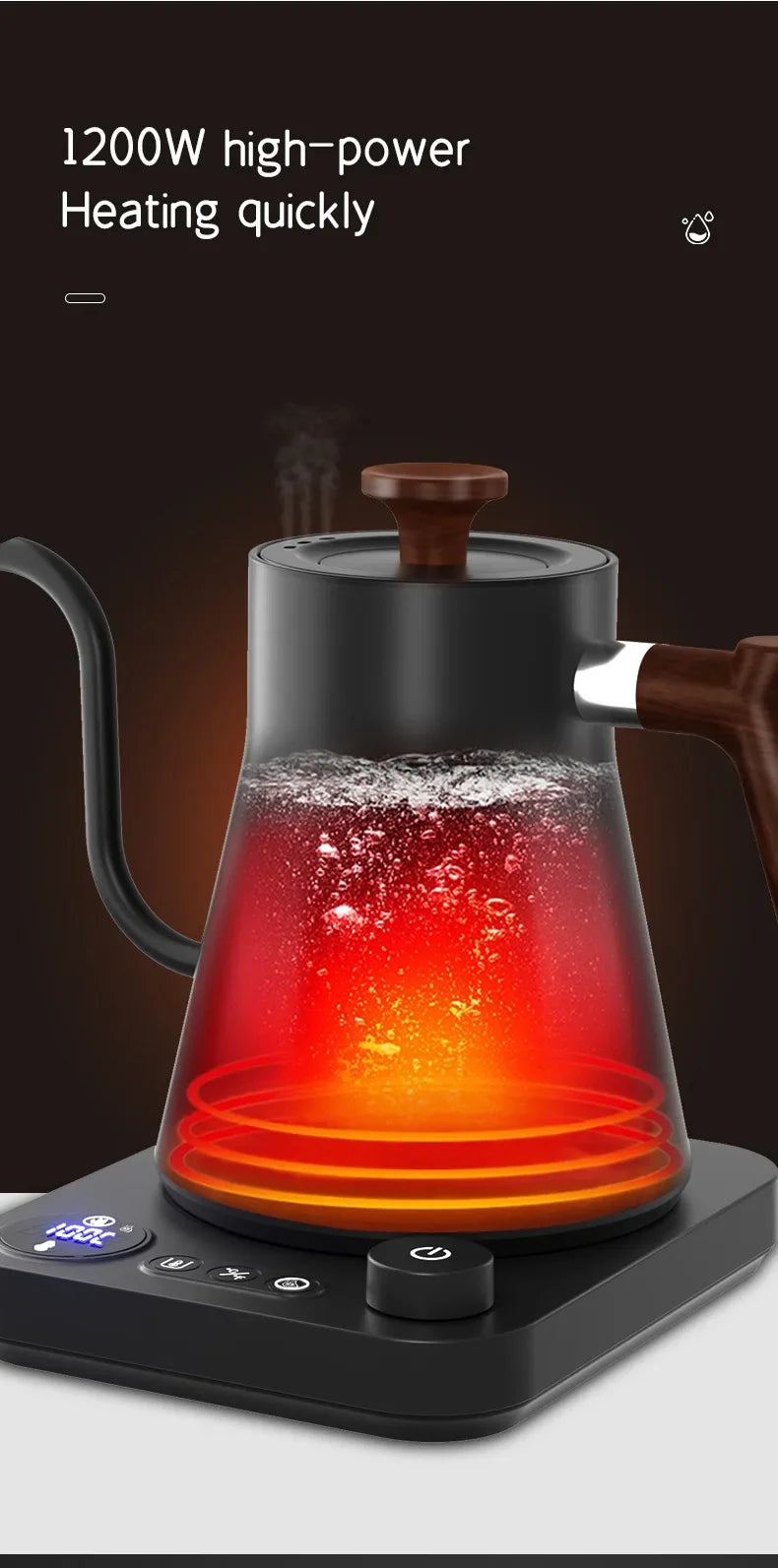 Elektrischer Schwanenhals-Wasserkocher 900ML Handbrühkaffeekanne Smarte Teekanne Temperaturregelung Schnelles Aufheizen des Wasserkochers 110V/220V