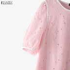 ZANZEA Sommerkleider für Damen, Lochstickerei, O-Ausschnitt, halbe Puffärmel, kontrastfarbene Borte, knielanges Kleid, lässige A-Linien-Roben