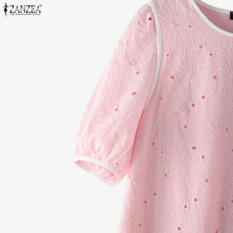 ZANZEA Sommerkleider für Damen, Lochstickerei, O-Ausschnitt, halbe Puffärmel, kontrastfarbene Borte, knielanges Kleid, lässige A-Linien-Roben