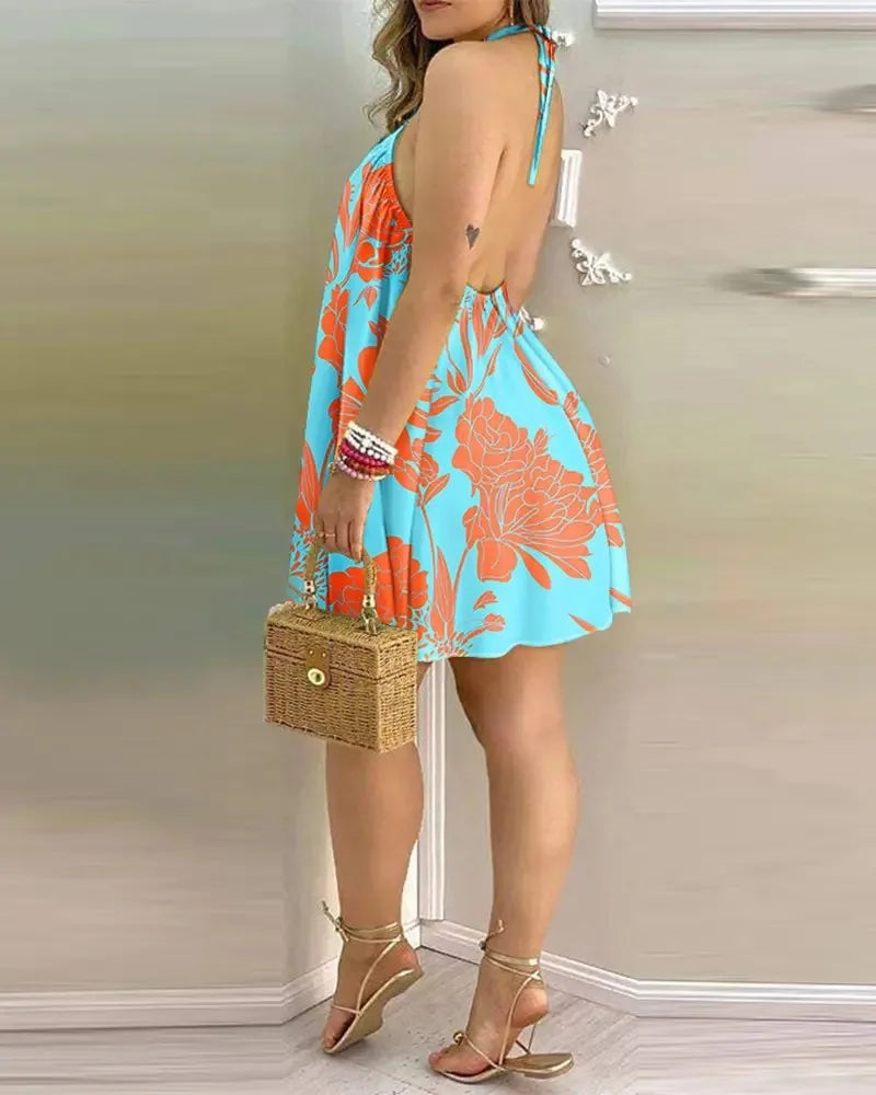 Geblümtes Neckholder-Kleid Boho-Rückenfreies Neckholder-Kleid für Frühling Sommer Damenbekleidung