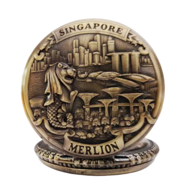 Retro Charm Neutral Fashion Merlion Scenic Spot Carving Quartz Pocket Watch Steampunk Men's and Women's Necklace Pendant Gift