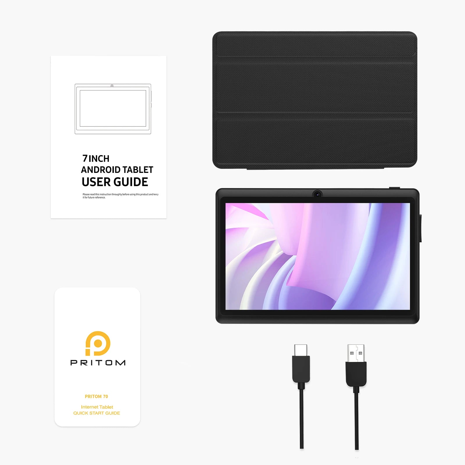 Pritom 7 Zoll Tablet PC, Android 13 Quad-Core, 4 GB (2+2 GB virtuell) RAM 32 GB ROM, WiFi, Dual-Kamera, USB C, mit Ledertasche