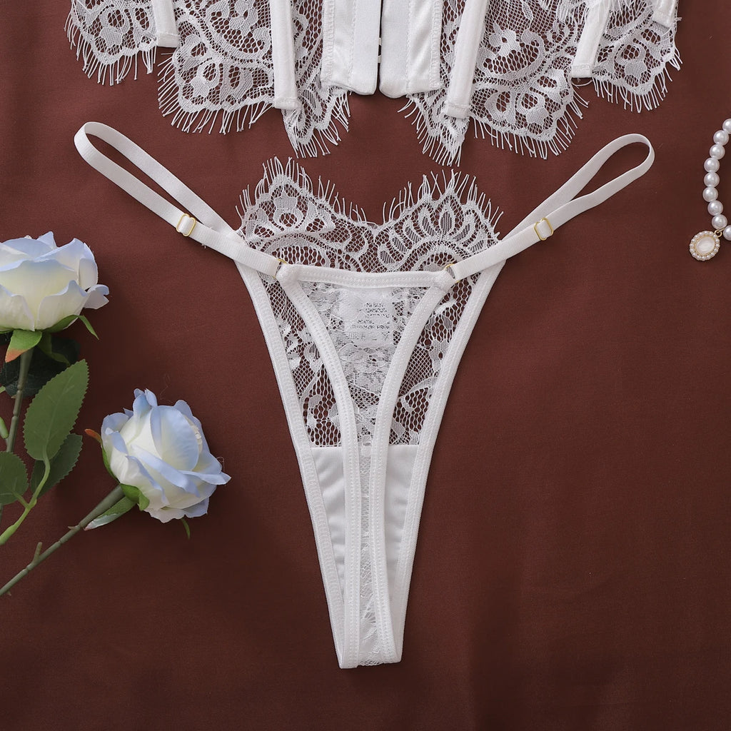 Ellolace Palace Damen Dessous Sets Weidenkorsett String 2-teiliges Set Sexy Heiß Trägerlos Spitze Ausgefallener tiefer V-Ausschnitt Damen Unterwäsche