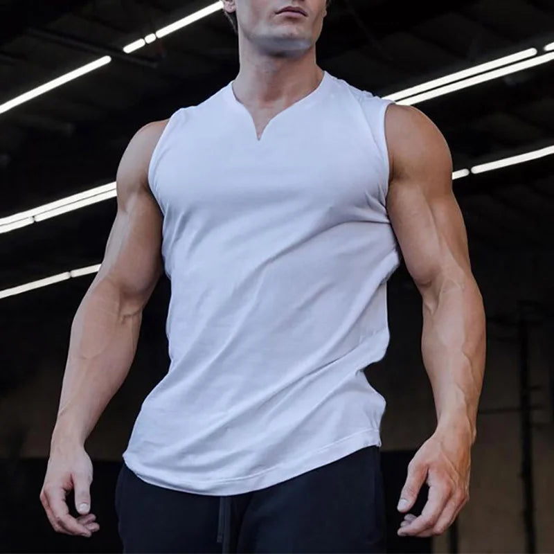 Sommer Baumwolle atmungsaktive V-Ausschnitt Tank Tops Fitnessstudio Workout Laufen Sport Ärmelloses Shirt Herren Fitness Bodybuilding Muskelbekleidung
