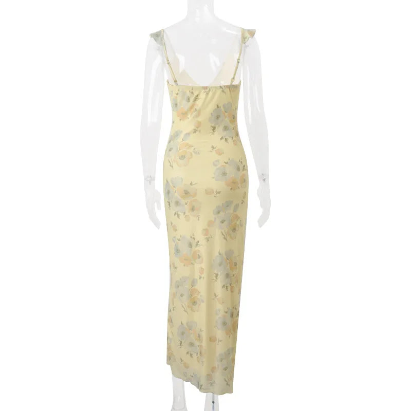 Kryptografischer Sommer Blumenmuster Plunge Maxikleid Outfits Sexy rückenfreie Feen Sonnenkleider Urlaub Strandmode Vestido Coquette