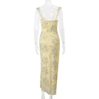 Kryptografischer Sommer Blumenmuster Plunge Maxikleid Outfits Sexy rückenfreie Feen Sonnenkleider Urlaub Strandmode Vestido Coquette