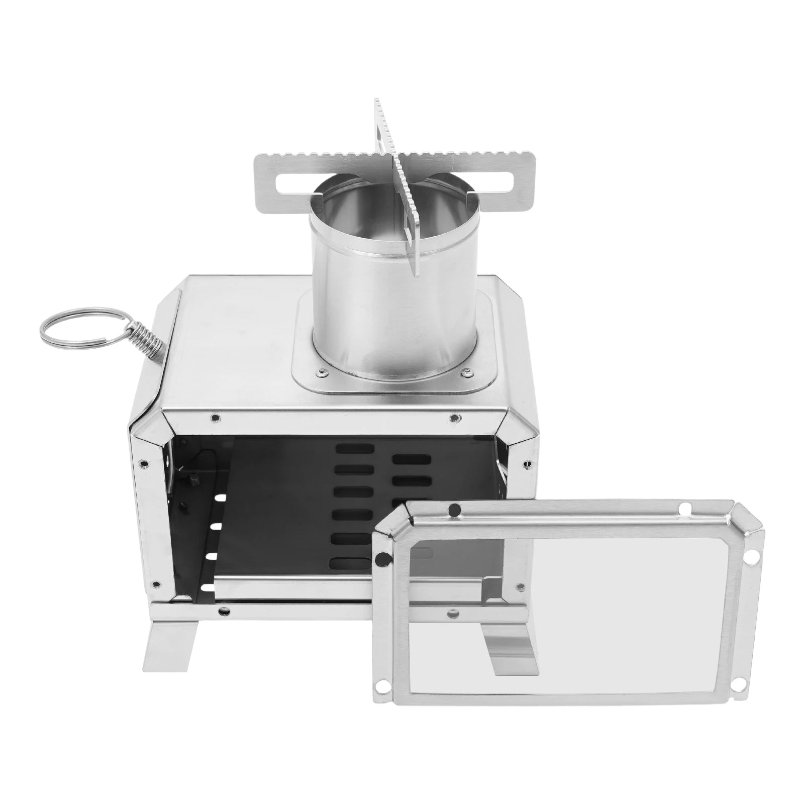Tragbarer Camping-Holzofen, Mini-Feuerstelle aus Edelstahl für Outdoor-Kochen, Wandern, Grillen, mit Glasfenster und Belüftungsöffnungen