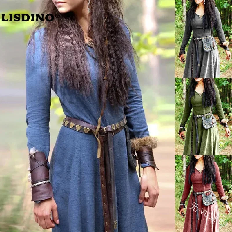 LisdinoMittelalterliches Kleid Damen Langarm Maxirobe Vintage Elfenkleid Renaissance Keltisch Wikinger Gothic Cosplay Kostüme
