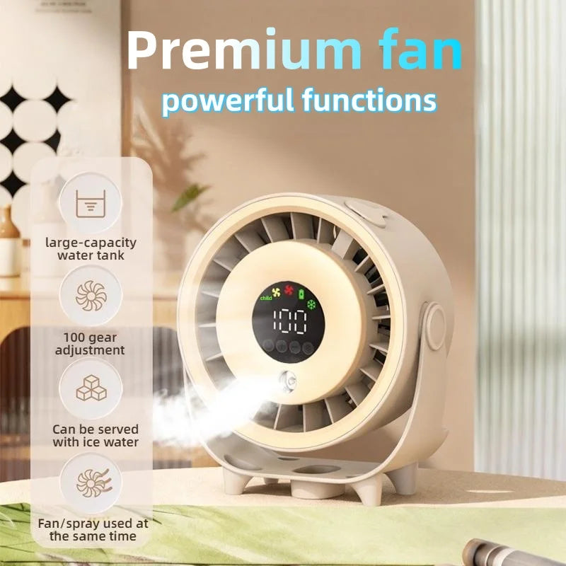 Neuer Sprühnebelventilator, befeuchtend, schnelle Kühlung, Aufhängeloch, geräuscharm, digitale Anzeige, Tastensteuerung der Geschwindigkeit, fein absorbierbar