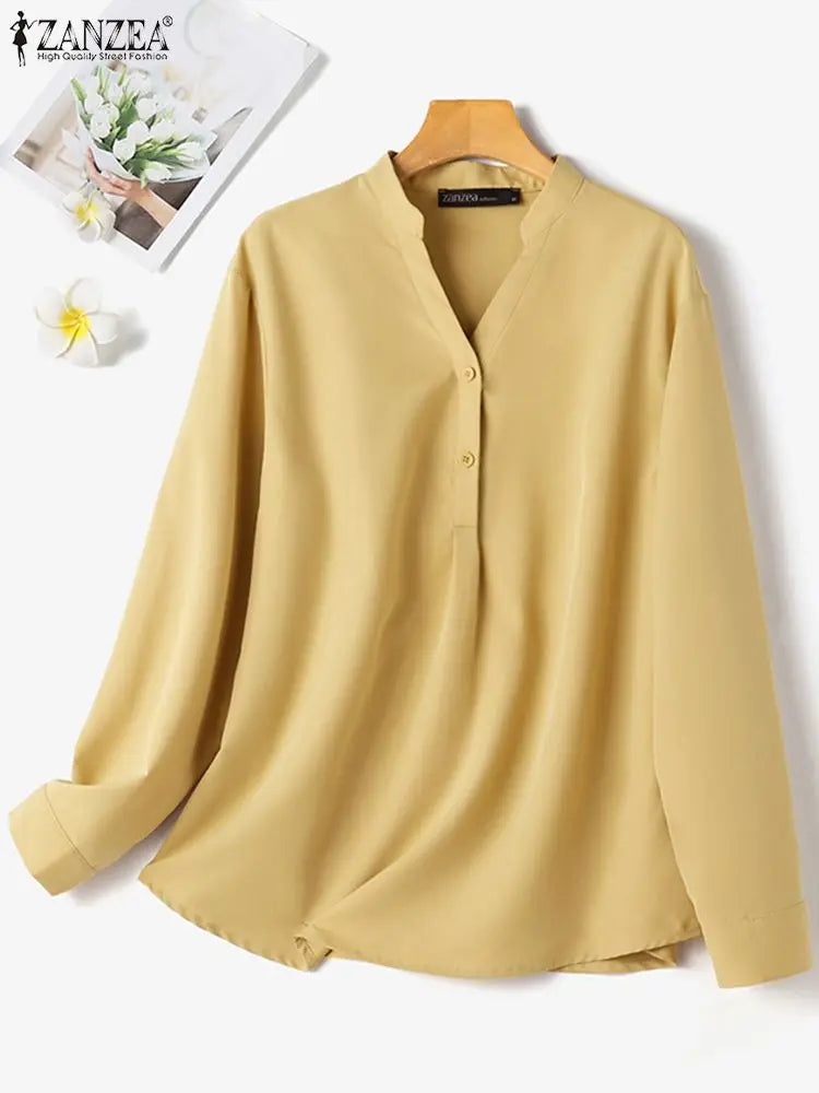 ZANZEA Damen Mode Weiße Hemden Lässig Weite Button-Down-Blusen 2024 Sommer Büro Bluse Koreanische OL V-Ausschnitt Langarm Tuniken