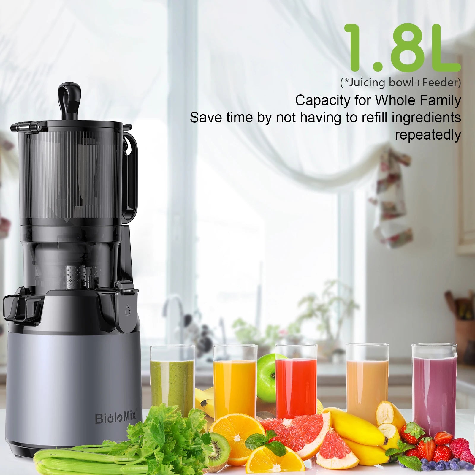 BioloMix Kaltpress-Entsafter, mit 130 mm Einfüllschacht, für ganze Früchte und Gemüse, hohe Saftausbeute, BPA-freier Slow Masticating Juicer