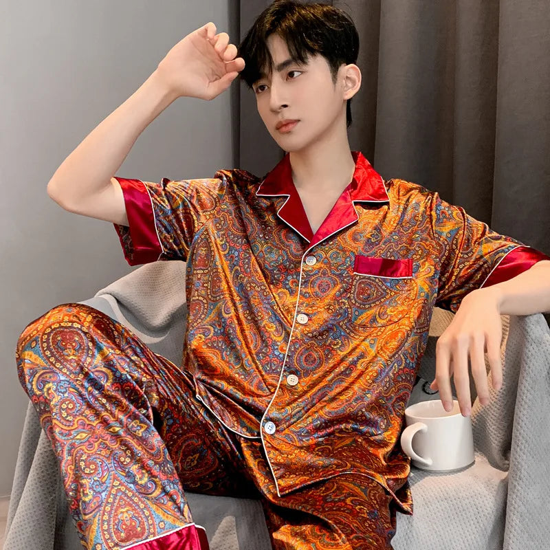 Hochwertiger Pyjama-Anzug Herren Sommer Kurzarm Shorts Eisseide Nachtwäsche Herren Sommer Große Größe Einfaches Freizeit-Loungewear-Set