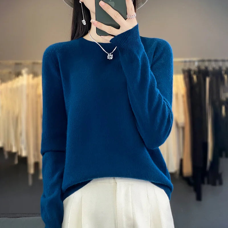 100 % Merinowolle Pullover Damen O-Ausschnitt Kaschmir Strickwaren Female Pullover Herbst Winter Freizeit Oberteile Einfarbig Weiche Kleidung
