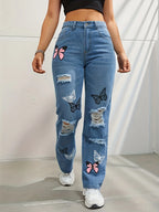 Schmetterlingsdruck Jeanshosen Damen Löcher Jeans Straight Fit Hose Hohe Taille Loose Fit Vintage 2026 Casual Distressed Denims