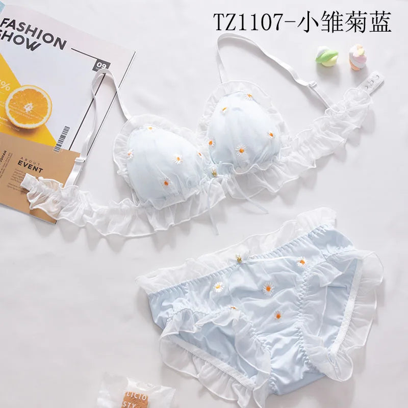 Besticktes Schleifen-Dessous-Set für Damen, japanisches süßes BH-Set, Triangel-Cup ohne Bügel, Studentenunterwäsche