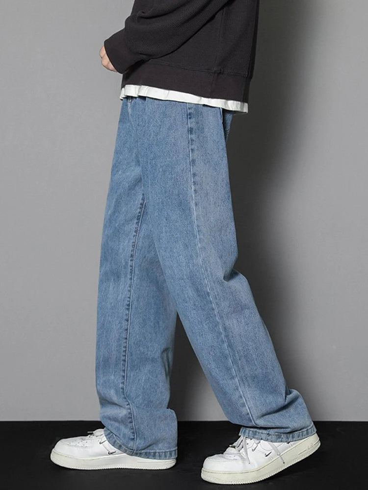 2026 Neue koreanische Herren-Freizeitjeans Klassische gerade Denim-Wide-Leg-Hosen Herren Einfarbig Hellblau Grau Schwarz Hauptbild