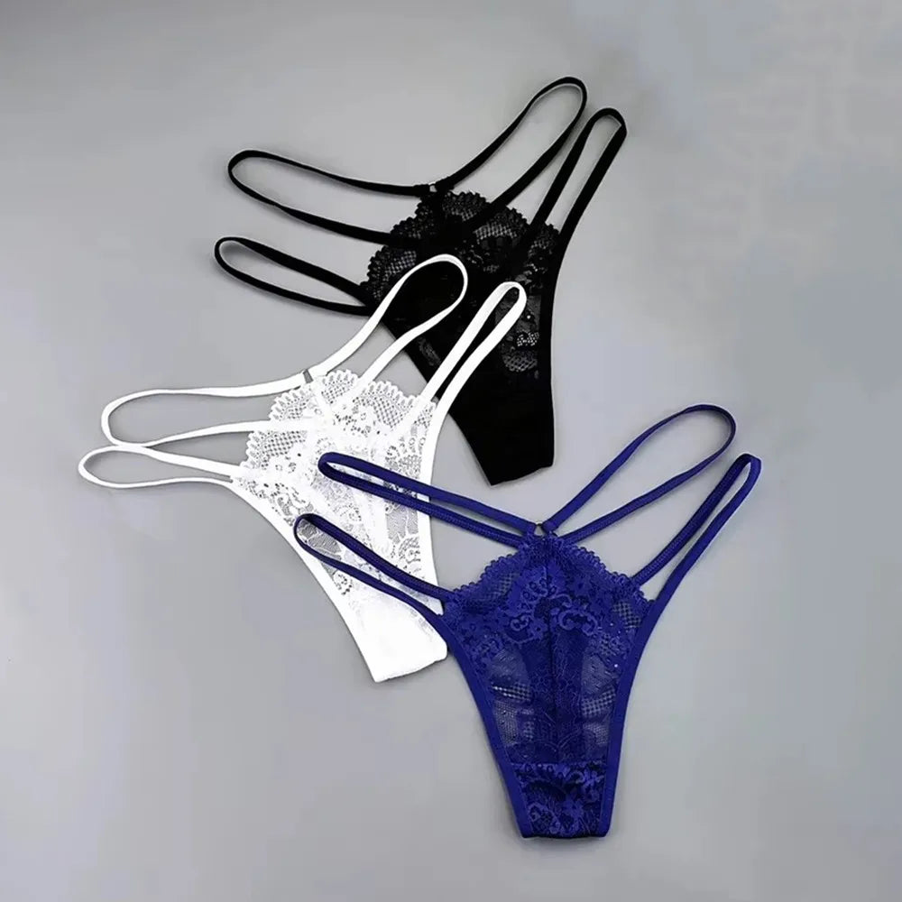 3 Stück Spitze Dünne Träger Tanga Frauen Tiefe Taille Sexy Perspektive Unterwäsche Damen Transparenter G-String Slip Plus Size T-Rücken
