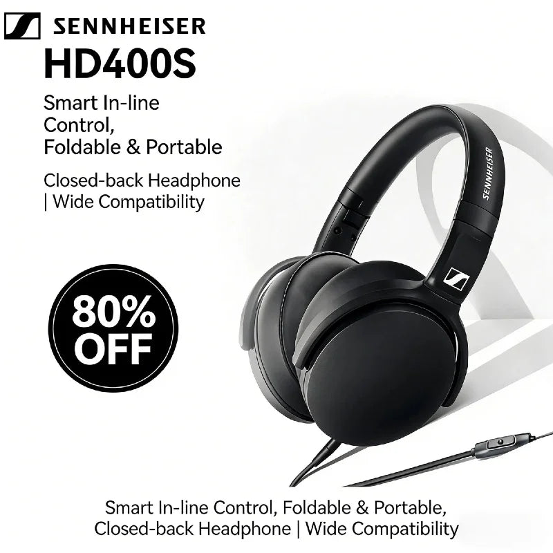 Sennheiser HD 400S kabelgebundener Kopfhörer Over Ear HiFi Stereo Bass Noise Isolating Headset mit Mikrofon für Smartphone PC Laptop Musik