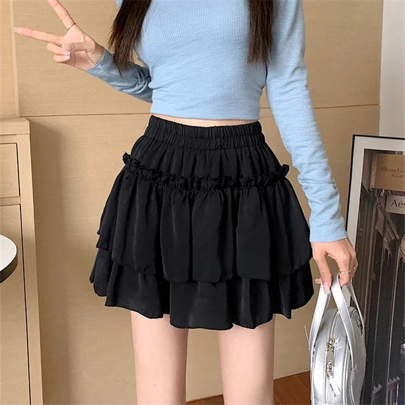 Sommer Kawaii Weiß Rüschenrock Damen Mode Slim Fit Minirock Mädchen Y2k All Match Elastischer Hoher Bund Schwarze Faldas