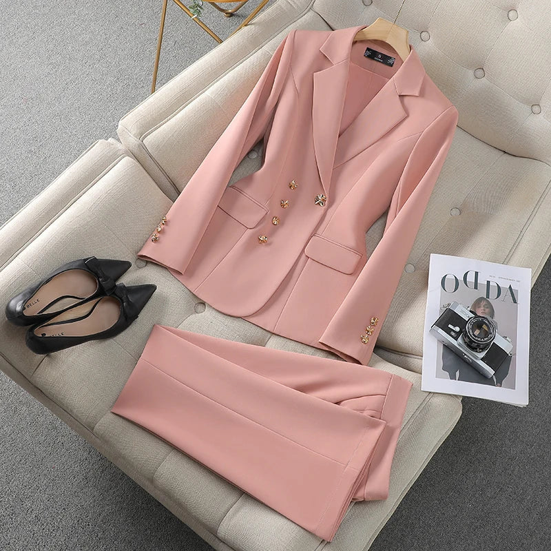 NAVIU Neu 2024 Damen Hosenanzüge Rosa Blazer und Jacken Set Büro Damen Arbeits Business Uniform Weiblicher Hosenanzug OL Stil Beige