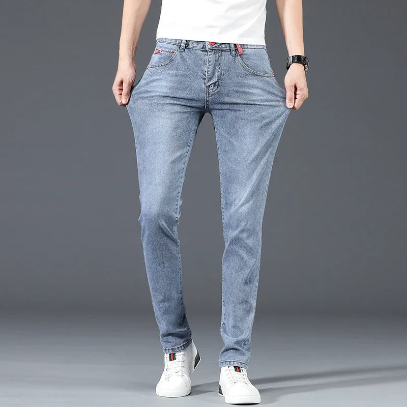 2024 Neue Herren Baumwoll Business Casual Skinny Jeans Trendige Modische Stretch Straight Slim Denim Hose Herren Blau Grau Zweitbild